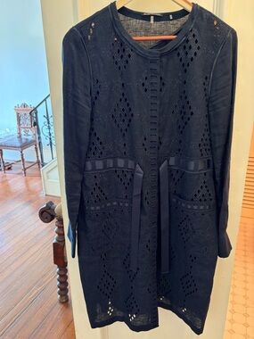 Elie Tahari Navy Eyelet Long-Sleeve Dress with Waist Tie